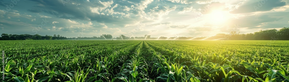 A field of green crops under a dramatic sky. The sun shines through the clouds. A field of green crops under a dramatic sky. The sun shines through the clouds.