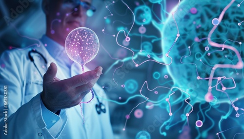Scientist holding a glowing brain in his hand.