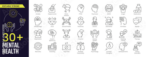 Mental Health Line Editable Icon collections. Vector illustration in modern thin line style of medical icons: components of a healthy lifestyle and mental balance. Stroke icon collection Outline icon