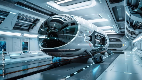 Fototapeta Naklejka Na Ścianę i Meble -  Hightech digital transport pod in a sleek space station with room for copy