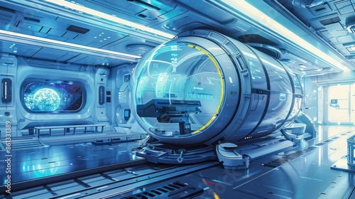 Fototapeta Naklejka Na Ścianę i Meble -  Hightech digital transport pod in a sleek space station with room for copy