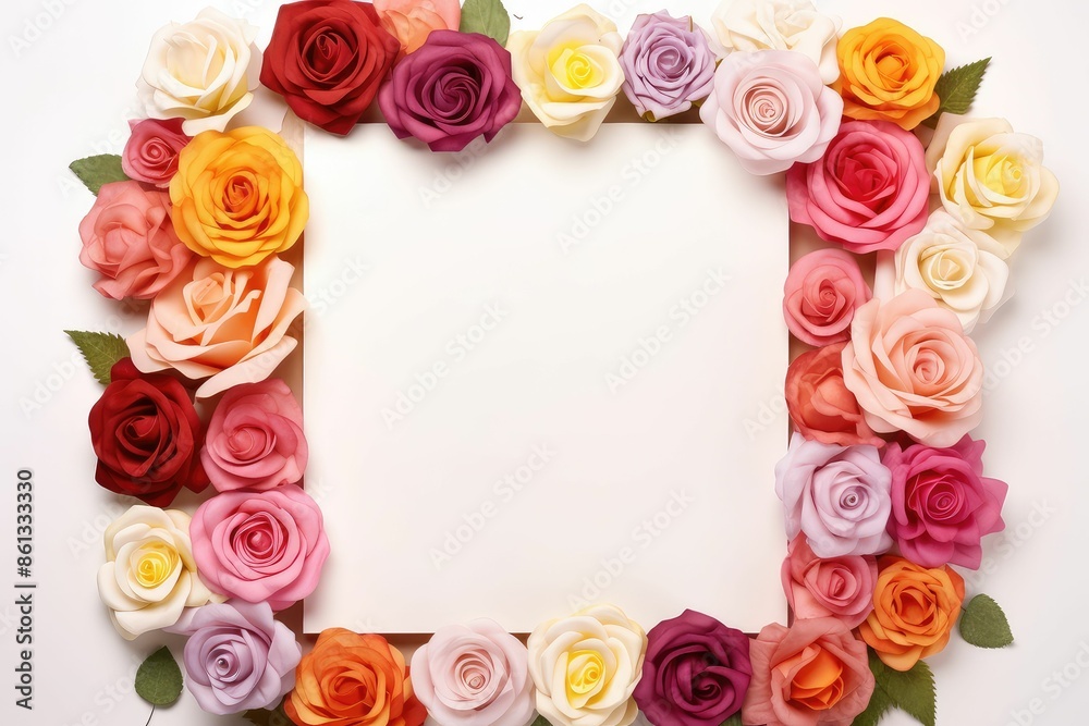 top view blank diary page ,rose flowers, in various colors and angles beside, copy space, blank white paper page of note pad for text.