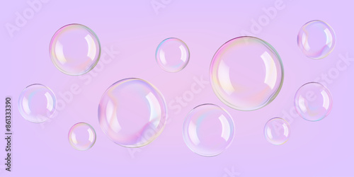 Soap bubbles float 3D on pink water background. Glossy translucent rainbow-colored serum gel drops. Light collagen face purifier hyaluronic smudge droplet. Fizz drinks, magic ball luxury glass effect.