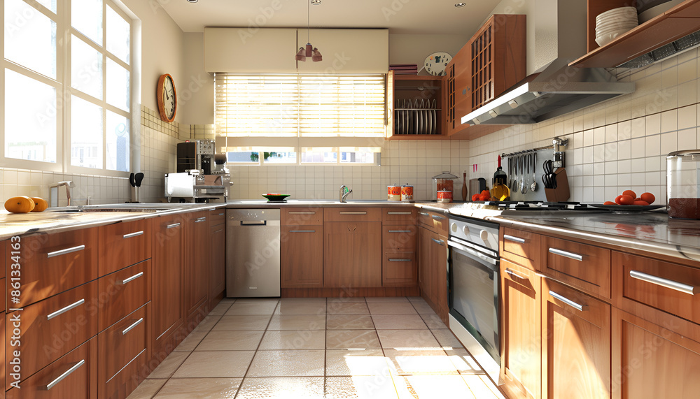 Fototapeta premium Neutral Color Palette: Classic kitchens often use neutral colors such as whites, creams, beige, and soft pastels, creating a calm and inviting atmosphere