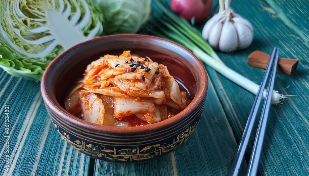 Korean kimchi served in a handmade ceramic bowl on a rustic wooden table. Fresh ingredients such as cabbage, garlic and red chili peppers can be seen in the background Korean kimchi served in a handmade ceramic bowl on a rustic wooden table. Fresh ingredients such as cabbage, garlic and red chili peppers can be seen in the background