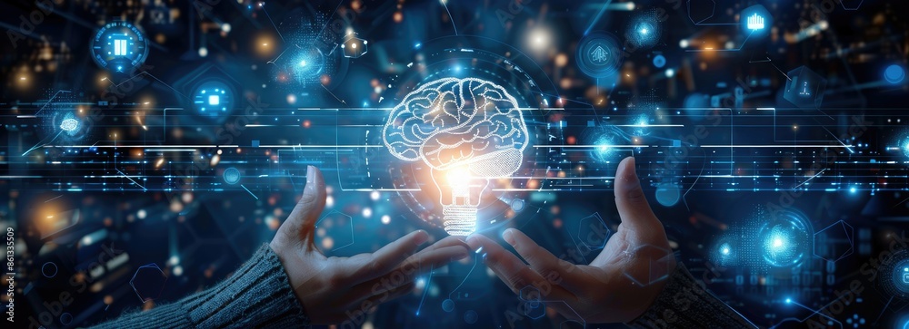 Digital Brain Innovation Concept with Light Bulb and Hands Digital Brain Innovation Concept with Light Bulb and Hands