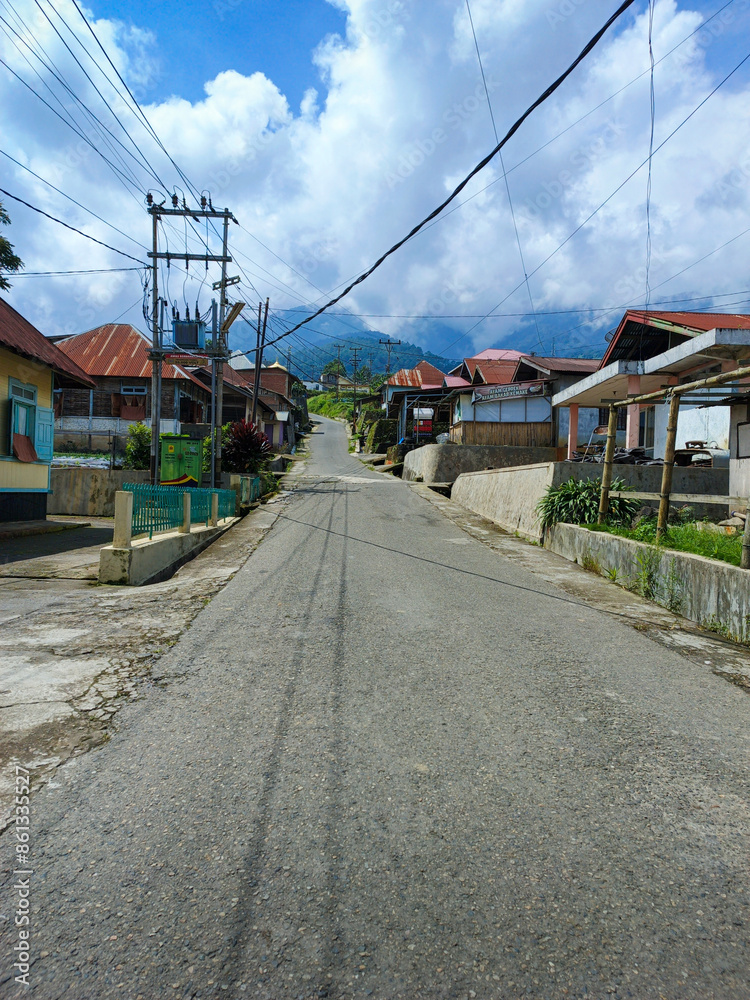 village road on the hill, Mountain hill path road panoramic landscape in indonesia village road on the hill, Mountain hill path road panoramic landscape in indonesia