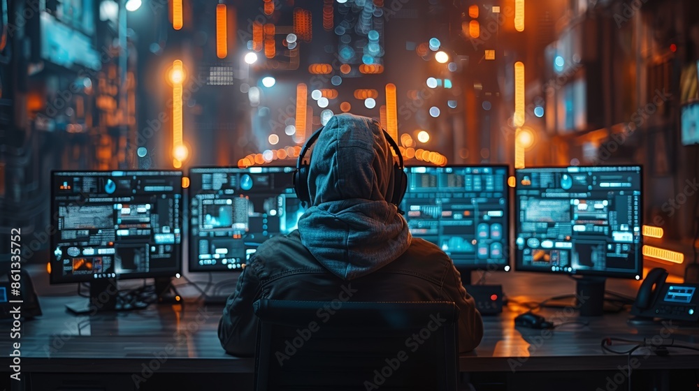 A hooded figure sits at a desk with multiple monitors, facing a wall of bright, glowing lights, suggesting a futuristic or technological setting. A hooded figure sits at a desk with multiple monitors, facing a wall of bright, glowing lights, suggesting a futuristic or technological setting.