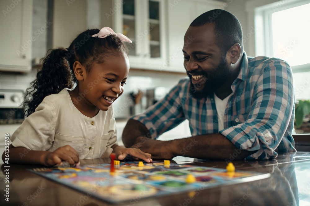 Father and daughter are laughing and enjoying their time together while playing a board game at their kitchen table