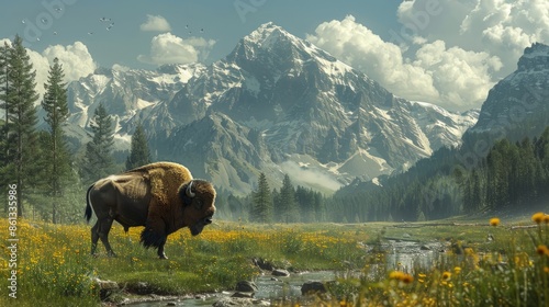 Bison feeding in a meadow at the maashorst  photo