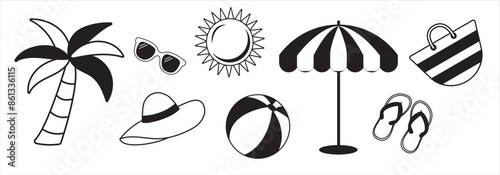 A set of hand drawn stickers for summer vacation. Vacation or vacation at the beach. Vector illustration.