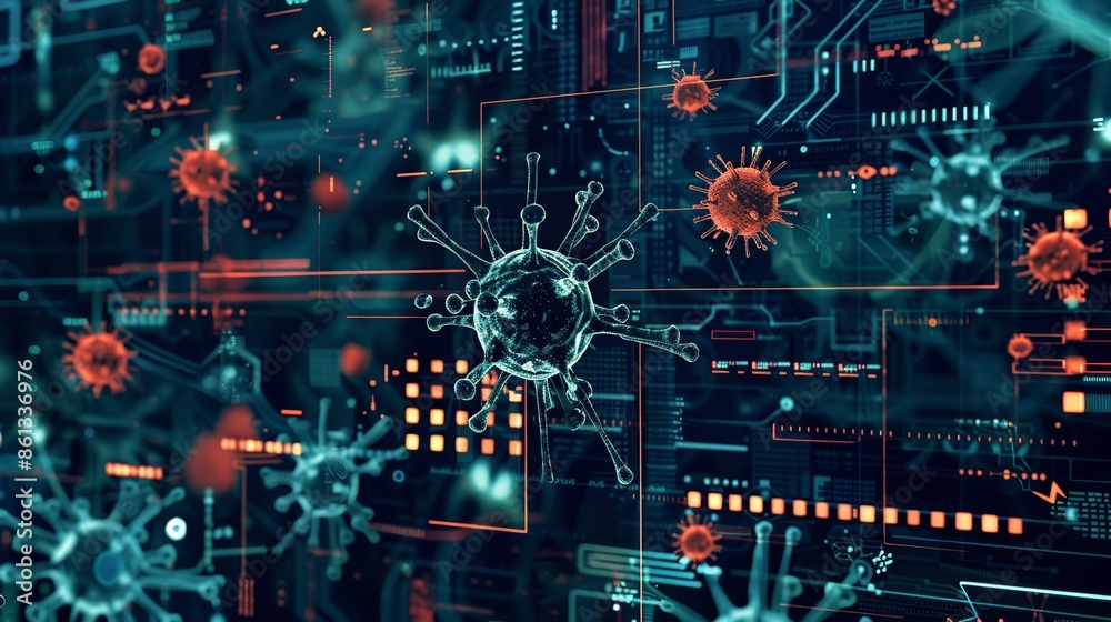 Obraz premium Abstract digital representation of a virus spreading on a circuit board background.