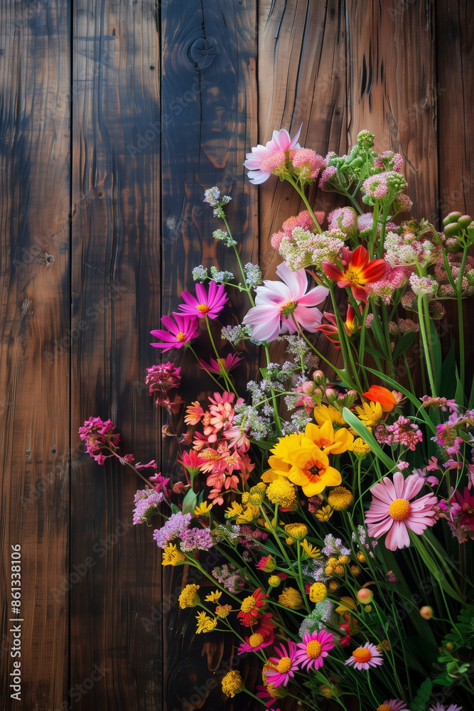 A colorful bouquet of various wildflowers set against a rustic wooden background, showcasing the diverse beauty of nature and the vibrant, cheerful atmosphere it brings. A colorful bouquet of various wildflowers set against a rustic wooden background, showcasing the diverse beauty of nature and the vibrant, cheerful atmosphere it brings.