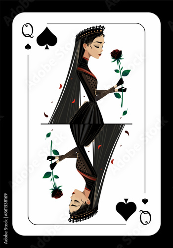 Playing card queen of spades. Queen of Spades, original playing cards design on a black background. Vector illustration