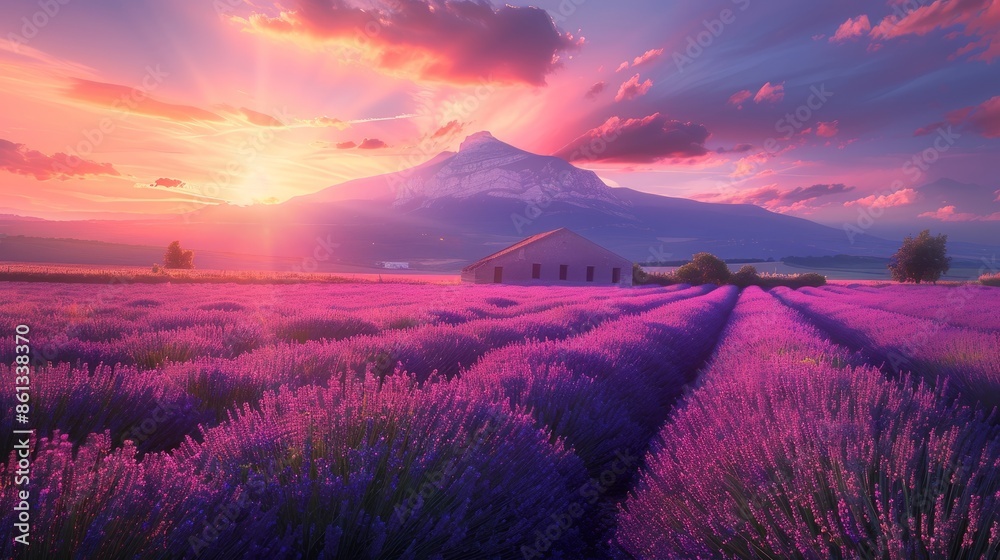 The most likely lavender field on the Valenciennes plateau during sunset in Provence The most likely lavender field on the Valenciennes plateau during sunset in Provence