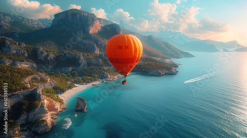 A realistic photo of a hot air balloon hovering above a coastal landscape, with sandy beaches, turquoise waters, and rugged cliffs.