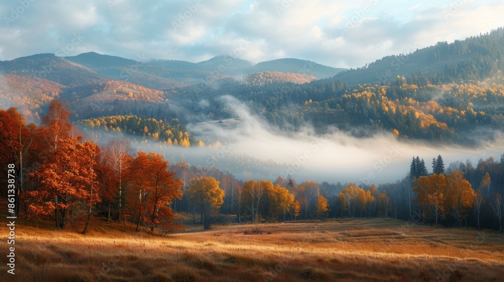 A magical landscape of forest and field in the early foggy morning A magical landscape of forest and field in the early foggy morning