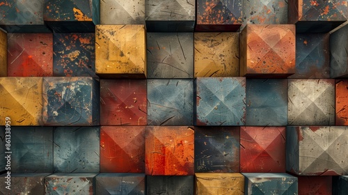 Abstract background of colorful wooden blocks arranged in a grid pattern.