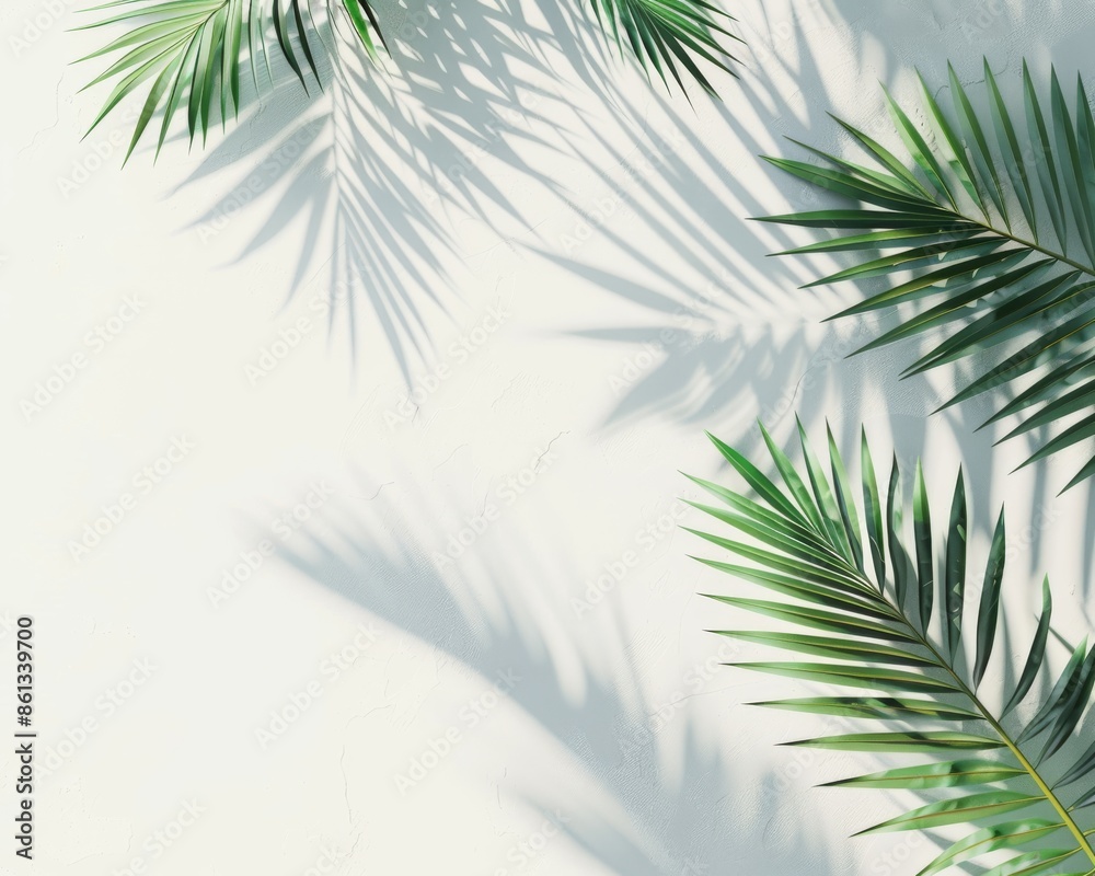 Naklejka premium Green tropical palm tree and shadow on a pastel background. Top view. Flat lay. 