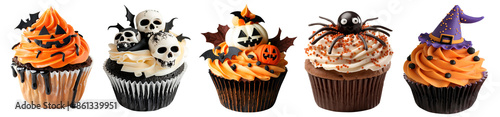 Halloween Cupcake muffin with icing frosting topping of witch hat, Jack O Lantern, spider, skull on transparent cutout PNG file. Many assorted different flavour. Mockup template for artwork design photo