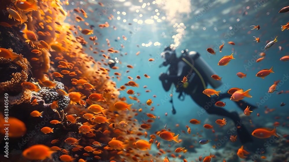 A realistic photo of a scuba diver swimming alongside a school of colorful fish in a coral reef, with bright corals and crystal-clear water creating a breathtaking underwater scene. A realistic photo of a scuba diver swimming alongside a school of colorful fish in a coral reef, with bright corals and crystal-clear water creating a breathtaking underwater scene.