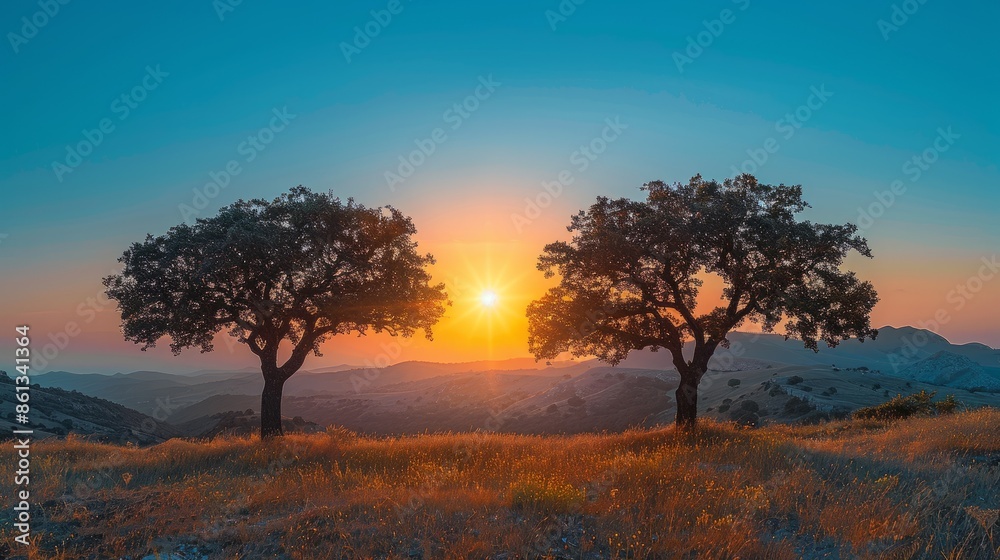 The setting sun casts a warm glow, framing two trees against a blue sky The setting sun casts a warm glow, framing two trees against a blue sky