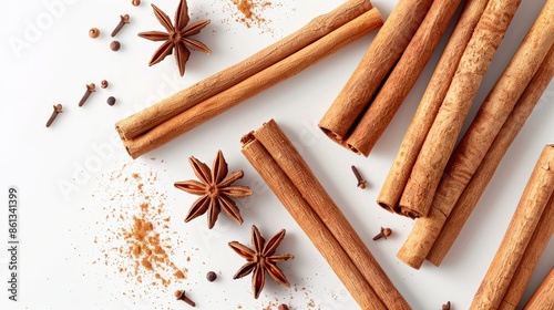 Brown cinnamon sticks contrast sharply with the white backdrop photo