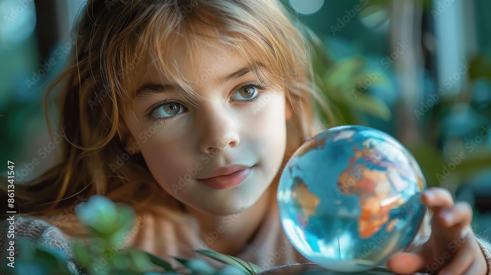 The photo captures a young girl with blue eyes and long hair, gazing thoughtfully at a globe, surrounded by lush greenery, symbolizing her curiosity and sense of wonder. The photo captures a young girl with blue eyes and long hair, gazing thoughtfully at a globe, surrounded by lush greenery, symbolizing her curiosity and sense of wonder.