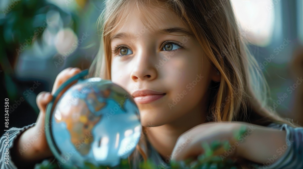 The image features a serene young girl with light brown hair holding a globe, surrounded by indoor plants. Her calm expression reflects a sense of wonder and curiosity. The image features a serene young girl with light brown hair holding a globe, surrounded by indoor plants. Her calm expression reflects a sense of wonder and curiosity.