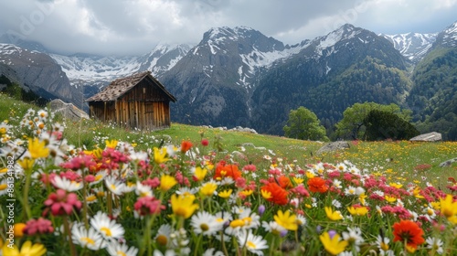 Colorful flowers near the old shepherd's hut in the mountains © Oleg
