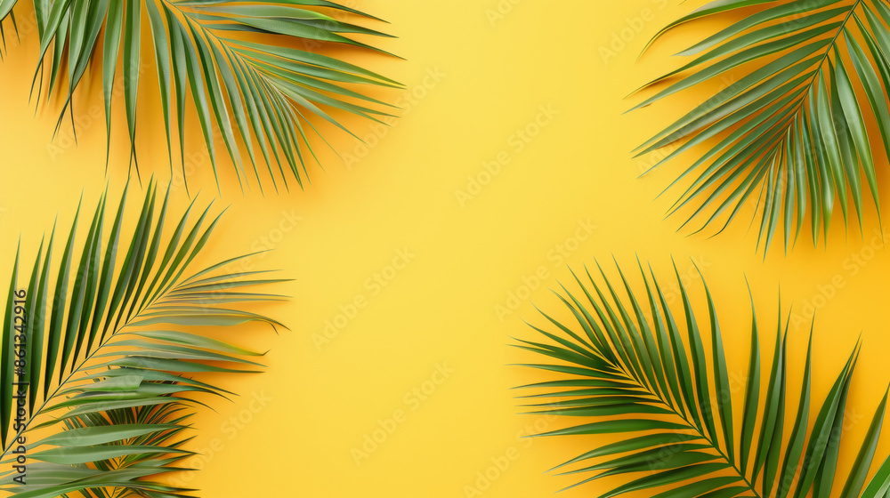 Fototapeta premium Flat-lay of Palm Leaves on Yellow Background 