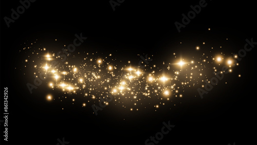 The dust sparks and golden stars shine with special light. Vector sparkles on a transparent background. . Stock royalty free vector illustration. PNG	
