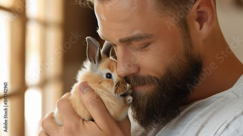 A close-up image of a bearded man lovingly holding a cute and fluffy bunny, showcasing a strong bond and heartwarming affection between them in a peaceful setting. photo