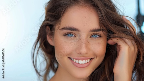 A young woman with sparkling blue eyes and freckles, smiling broadly in an outdoor setting under bright sunlight, her auburn hair gently flowing, radiating joy and warmth.