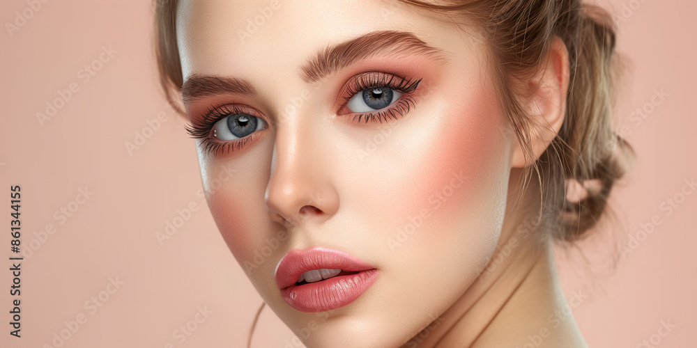 Fototapeta premium Close-up portrait of a woman with pink-toned makeup, featuring soft eyeshadow, blush, and lipstick. Her blue eyes and styled hair complement the peach-colored background