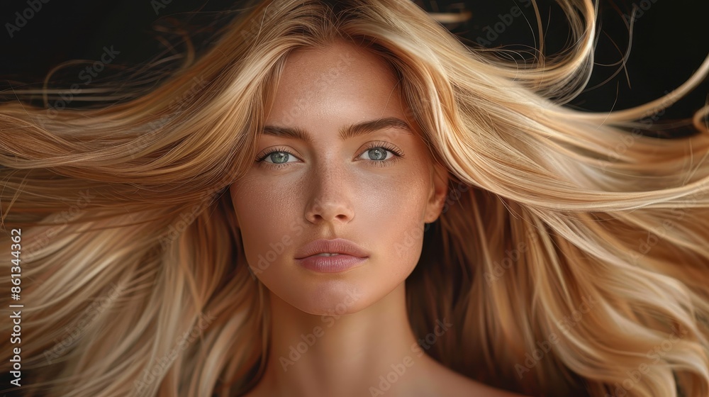 A striking close-up portrait of a blonde woman with flowing hair, gazing directly at the camera, embodying elegance, beauty, and the quintessential essence of femininity. A striking close-up portrait of a blonde woman with flowing hair, gazing directly at the camera, embodying elegance, beauty, and the quintessential essence of femininity.