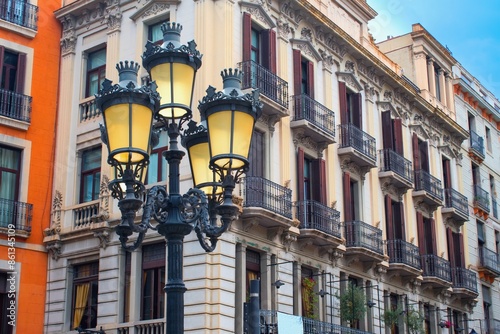 Facade of old apartment building with balcony, Barcelona, Catalonia. Spain . Street of Barcelona.