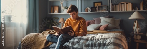 A young man engrossed in a book sits comfortably on his bed in a neatly arranged bedroom, depicting solitude and knowledge-seeking.