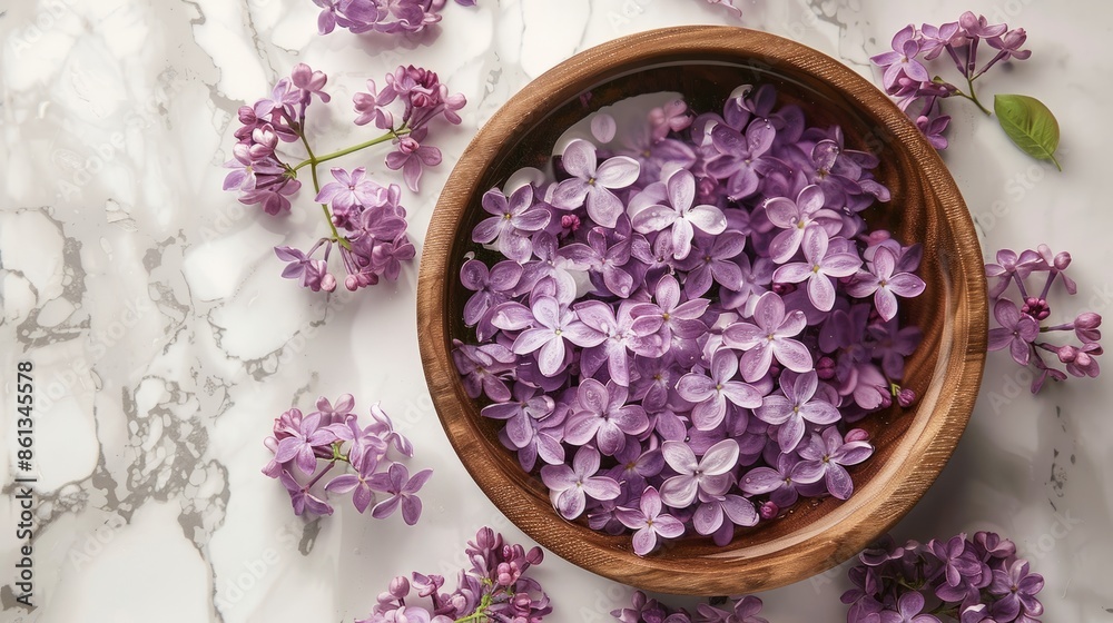 Aromatherapy concept with lilac flowers floating in a wooden bowl on a chic marble backdrop, offering a sense of calm and rejuvenation Aromatherapy concept with lilac flowers floating in a wooden bowl on a chic marble backdrop, offering a sense of calm and rejuvenation