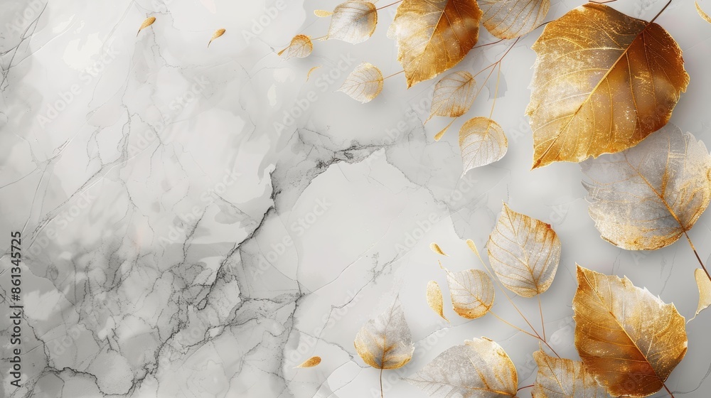 Golden leaves and petals scattered on a white marble background. Perfect for autumn and fall themes. Golden leaves and petals scattered on a white marble background. Perfect for autumn and fall themes.