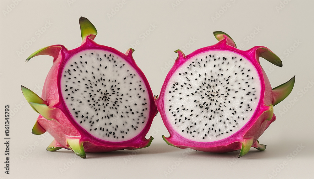 Two halves of a dragon fruit showing vibrant pink skin and white flesh with black seeds Two halves of a dragon fruit showing vibrant pink skin and white flesh with black seeds