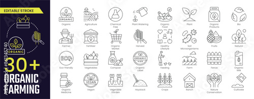 Organic farming icon collections. Organic farm product, vegan and bio symbol. Natural farming icon collection. Stroke icon collection Outline icon