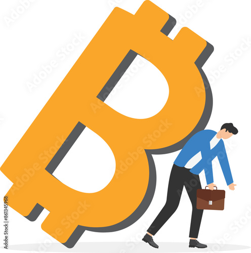 Unhappy trader trying to maintain stability of bitcoin. Instability, fall in rate of cryptocurrency. Male financier supports crypto from falling. Volatility in financial markets. Vector illustration
