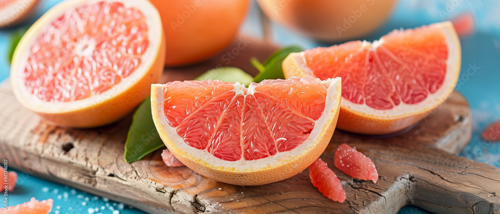 Close-up of fresh sliced grapefruit on a wooden board with vibrant, juicy segments, perfect for a healthy snack. Close-up of fresh sliced grapefruit on a wooden board with vibrant, juicy segments, perfect for a healthy snack.