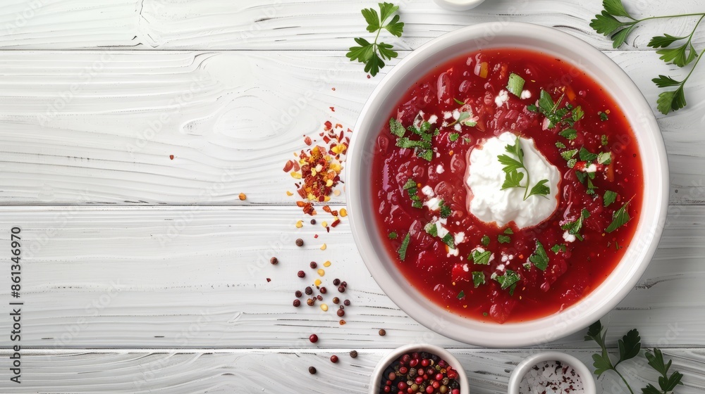 Borscht served in a white dish on a white wooden surface Borscht served in a white dish on a white wooden surface