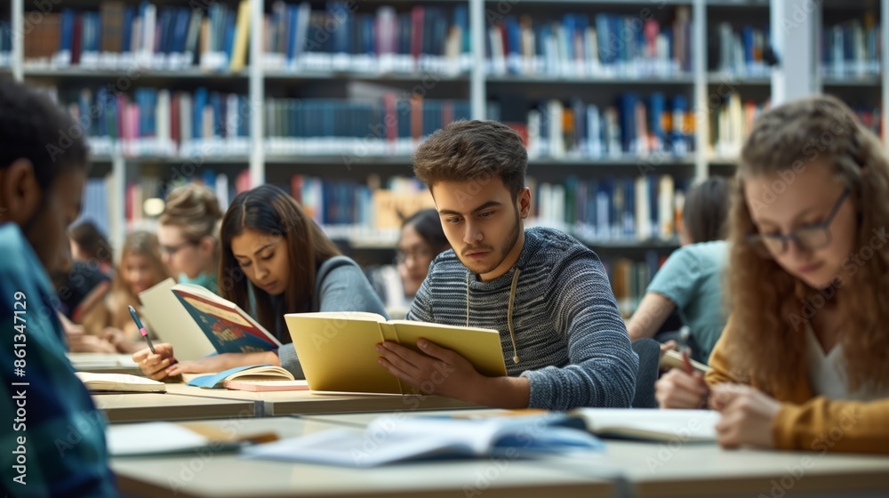 A group of students are sitting at a table in a library, reading books and writing. Scene is focused and studious, as the students are engaged in their work A group of students are sitting at a table in a library, reading books and writing. Scene is focused and studious, as the students are engaged in their work