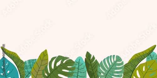 Summer tropical banner with copy space. Jungle grunge textured leaves. Flat vector illustration for background, invitation, advertising, poster, social media