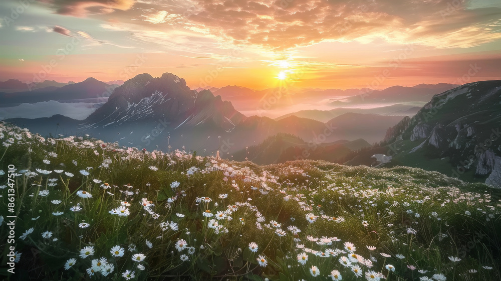 Obraz premium Stunning Mountain Sunrise with Blooming Meadow 