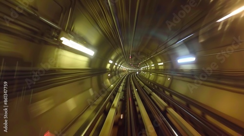 A train speeding through a tunnel with the lights creating a mesmerizing blur effect.