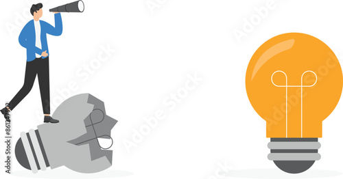 Pitching ideas. Brainstorming concept, smart businessman standing on extinguished bulb and search new good idea. Transformation, change management, transition to better innovative company. Flat vector
